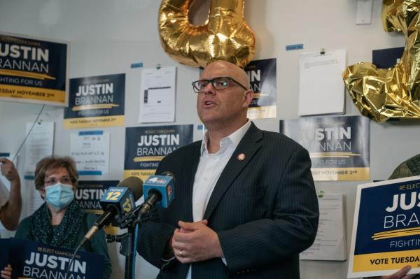 New York City Council Member Justin Brannan speaks at a canvassing event three days before citywide elections on October 30, 2021 in New York City.