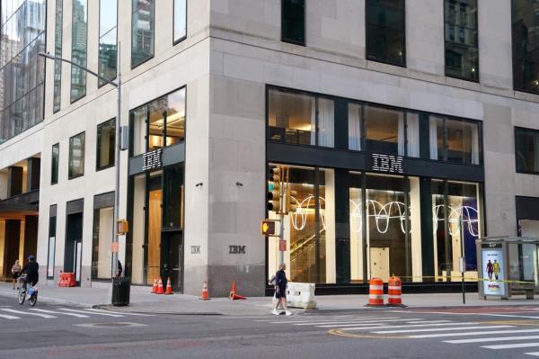 IBM sign displayed at the newly redesigned One Madison Avenue office in Midtown South, New York City.