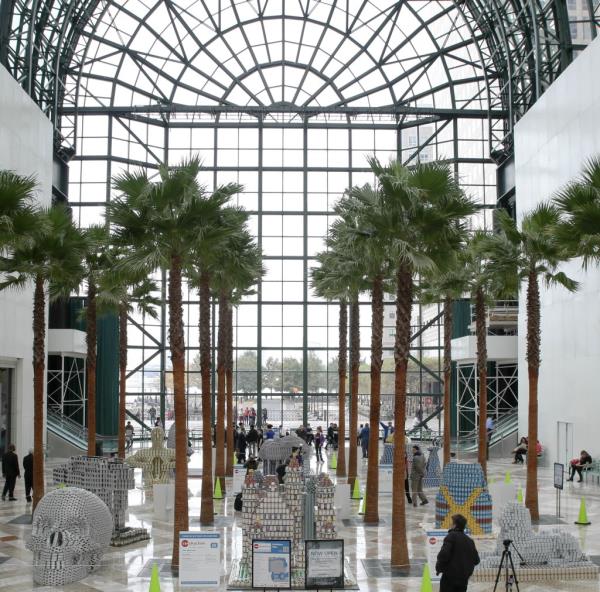 Canned food sculptures on display during the 21st Annual Canstruction NYC Competition at Brookfield Place Waterfront Plaza.