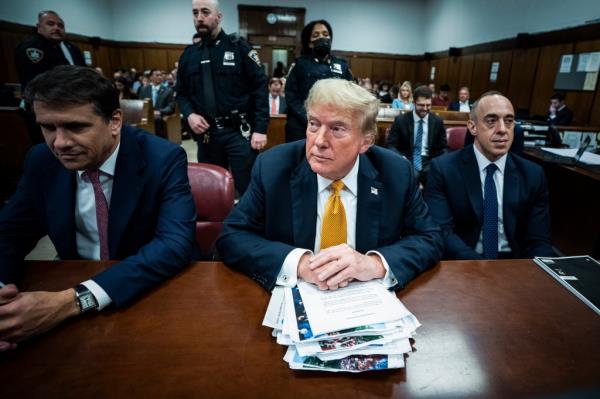 President Do<em></em>nald Trump with attorneys Todd Blanche and Emil Bove attends his criminal trial at Manhattan Criminal Court on May 29, 2024