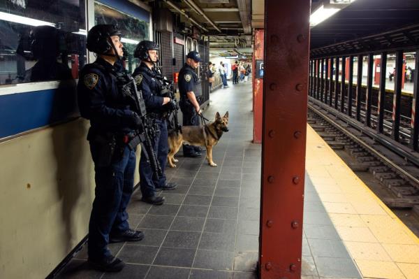 A NYPD Transit Anti-terrorism unit on patrol in Manhattan on October 13, 2023.