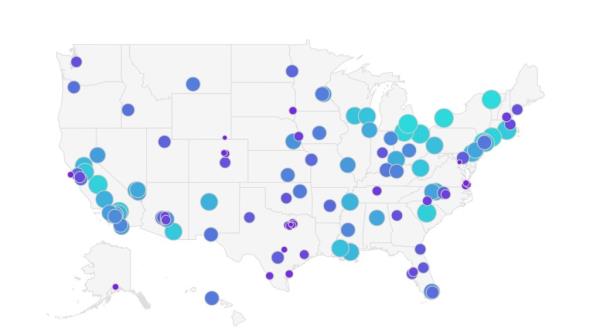 A map of the US showing the 116 cities chosen. 