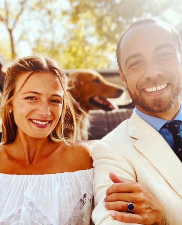 James Middleton takes a selfie with wife Alizee Thevenet and their dog.