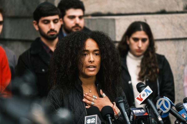 Noa Fay, 22, a Columbia SIPA student, speaks at a press co<em></em>nference held by Jewish students wher<em></em>e they denounced the school for not doing enough to protect them. 