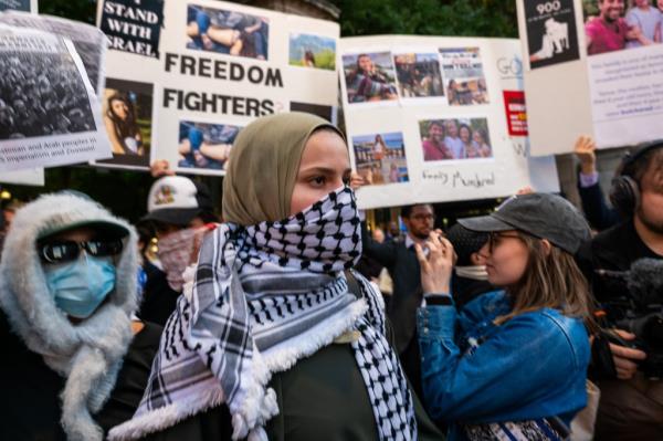 Supporters of both Israel and Palestine engage with each other at Columbia University on October 12, 2023 in New York City. 