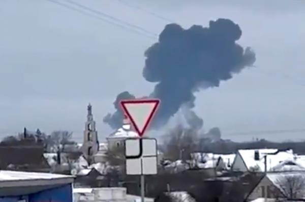 Smoke rising in the distance after Russia says Ukraine downed a military transport plane near Belgorod