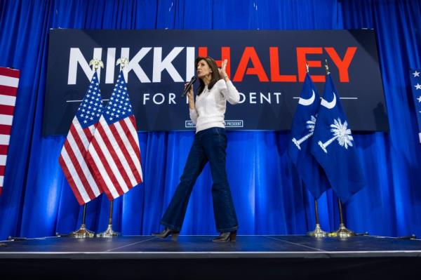 Republican presidential candidate Nikki Haley addresses the crowd during a campaign stop at the Cannon Centre in Greer, South Carolina.