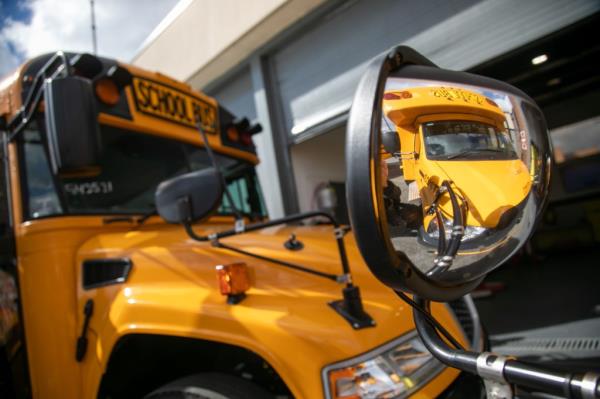 Electric school bus in the Bronx, New York City after a press co<em></em>nference announcing federal grants for electrification, dated March 18, 2024