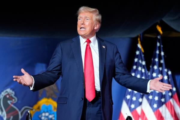 Do<em></em>nald Trump arrives to speak at a campaign rally, July 31, 2024, in Harrisburg, Pa.