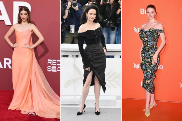 Collage of Barbara Palvin Sprouse, Eva Green, and Hunter Schafer at the 77th Cannes Film Festival wearing Vivienne Westwood dresses