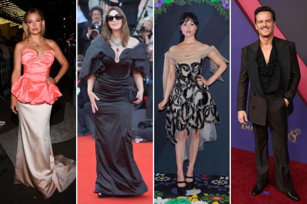 Collage of celebrities Kate Hudson, Mo<em></em>nica Bellucci, Jenna Ortega and Andrew Scott wearing Vivienne Westwood at various events