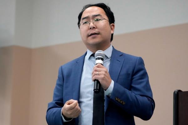 Rep. Andy Kim, D-N.J., speaks to delegates in Paramus, N.J., March 4, 2024.