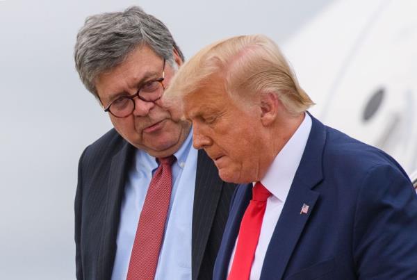 Barr speaks with Trump after the two stepped off Air Force One at Andrews Air Force ba<em></em>se on Sept. 1, 2020. Barr would resign three mo<em></em>nths later.