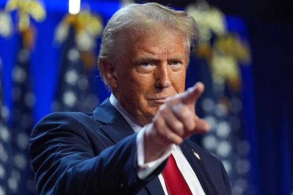 President-elect Trump on stage at his campaign watch party in West Palm Beach on Nov. 6, 2024.