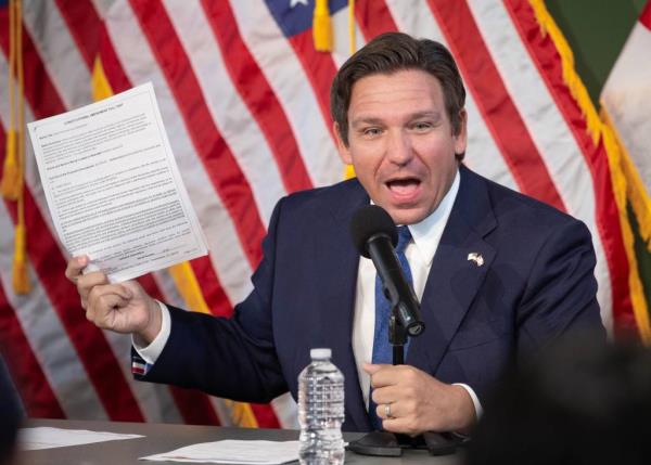 Gov. Ron DeSantis campaigns against Amendment 3 during a press co<em></em>nference at the Escambia County Sheriff's Office in Pensacola on Friday, Oct. 25, 2024.