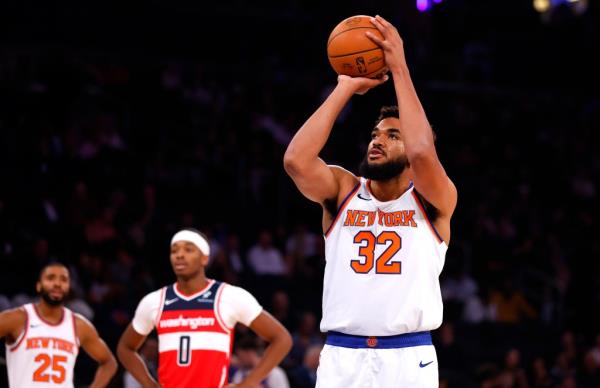 Karl-Anthony Towns during his Knicks MSG debut against the Wizards on Oct. 9, 2024.