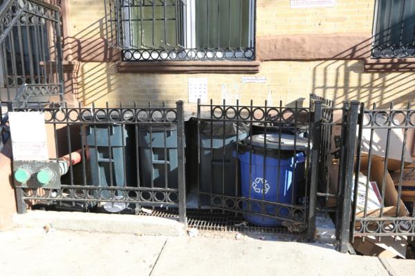 Exterior view of 539 East 147 Street building in the Bronx, New York with a black me<em></em>tal gate and trash cans, allegedly emitting a foul odor.