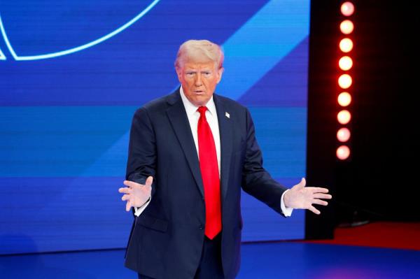 Trump participates in a town hall presented by Spanish-language network Univision, in Doral, Florida, U.S., October 16, 2024.