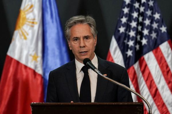 U.S. Secretary of State Antony Bl<em></em>inken speaks during a joint press co<em></em>nference at Camp Aguinaldo, in Quezon City, Metro Manila, Philippines, July 30, 2024. 