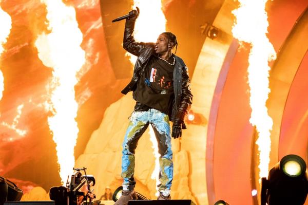 Travis Scott performing o<em></em>nstage at the Astroworld Music Festival in Houston, Nov. 5, 2021