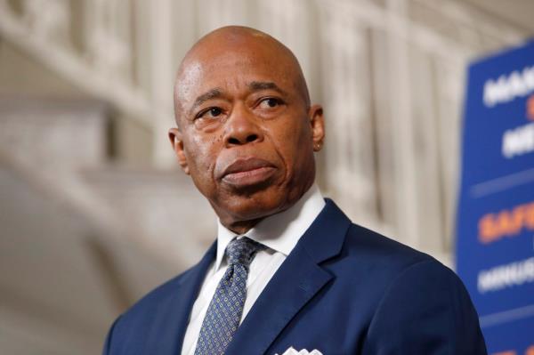 New York City Mayor Eric Adams speaking at his weekly press co<em></em>nference at City Hall, October 15, 2024