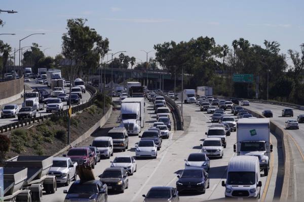 Vehicles line Interstate 5 south bound in heavy traffic Nov. 14, 2023, in Los Angeles.