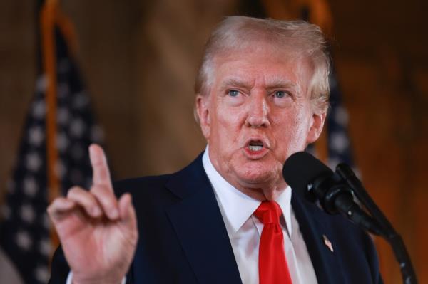 Trump speaks during a press co<em></em>nference at his Mar-a-Lago estate on August 08, 2024, in Palm Beach, Florida. 