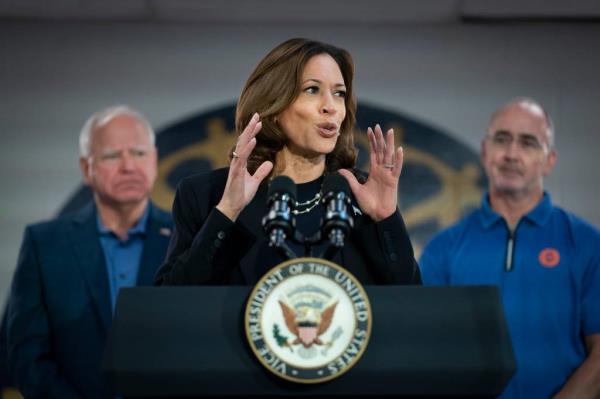 Harris speaks at the UAW Local 900 during a campaign stop in Wayne on Thursday, Aug. 8, 2024.