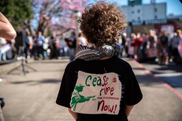 A person participating in a Portland, Oregon high school walkout to protest Israel's war in Gaza on March 15, 2024.