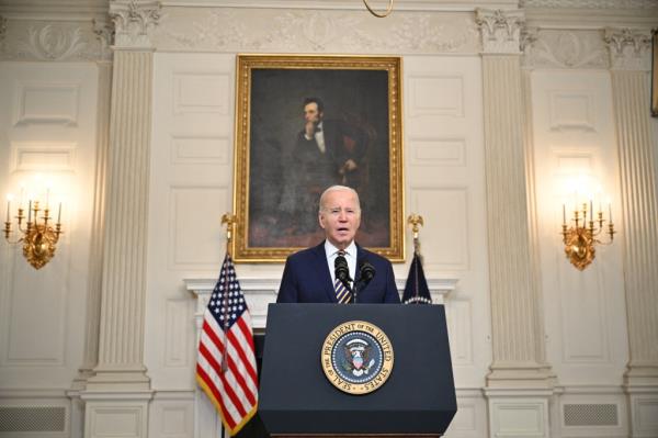 US President Joe Biden speaks in the State Dining Room of the White House on Feb. 6.