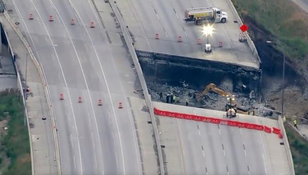 This screen grab from video provided by WPVI-TV/6ABC shows the collapsed section of I-95 as crews co<em></em>ntinue to work on the scene in Philadelphia, Monday, June 12, 2023.