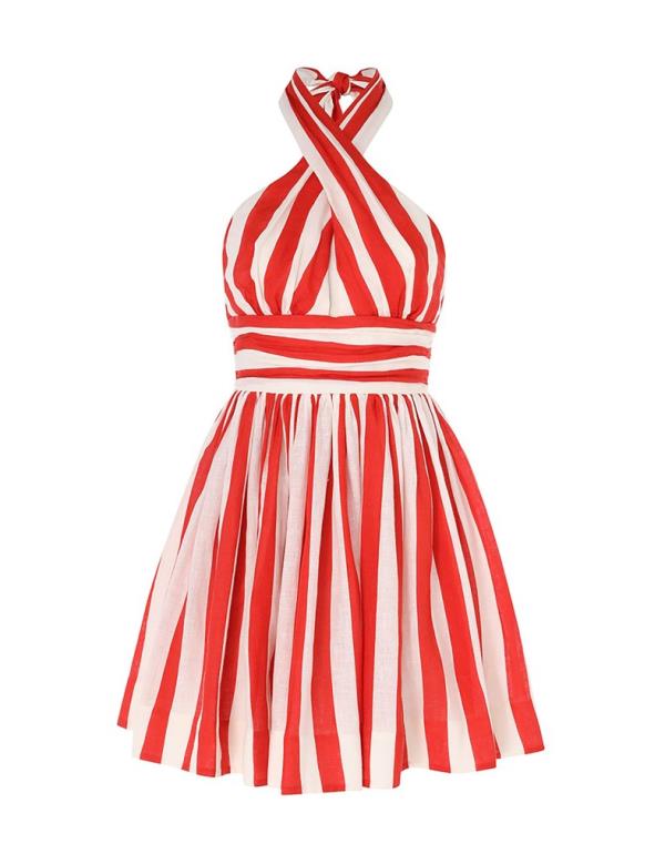 Red and white striped Alight halter mini dress by Zimmerman for a Fourth of July shopping advertisement