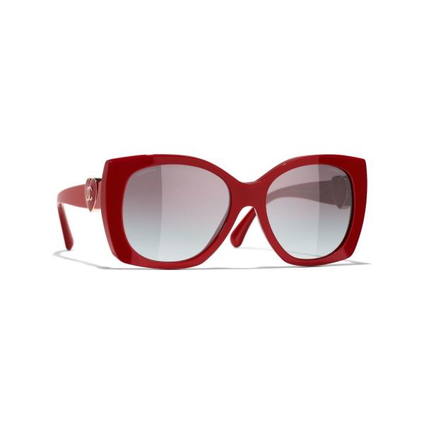 Red acetate square sunglasses with gray gradient lenses