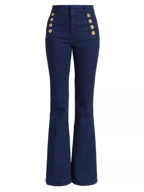 A pair of Derek Lam 10 Crosby Robertson Flare Jeans in dark wash with gold buttons