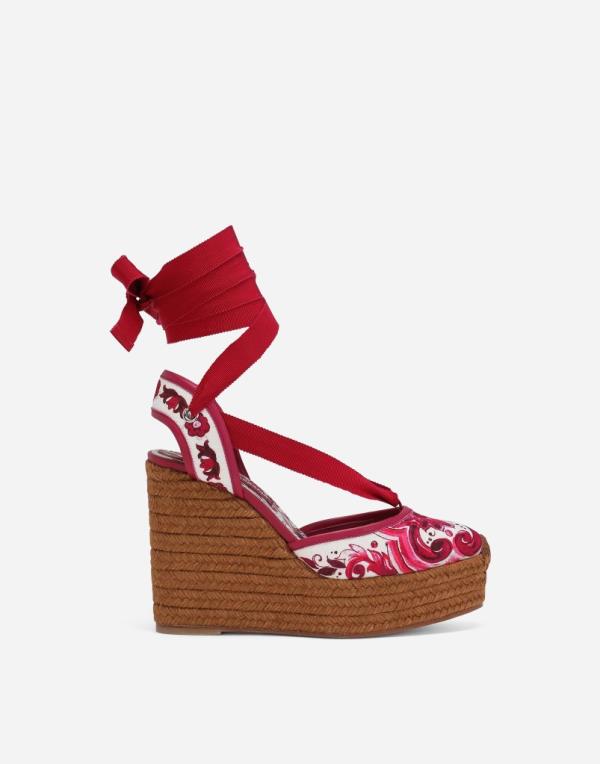 Red and white printed brocade fabric wedge sandals from Dolce & Gabbana