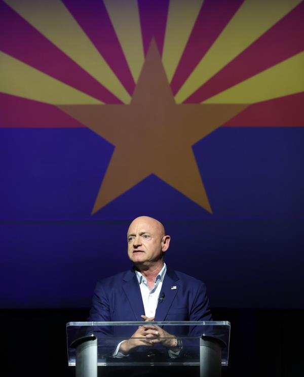 Sen. Mark Kelly (D-AZ) delivers remarks to supporters at his election night rally at the Rialto Theatre on November 08, 2022 in Tucson, Arizona.