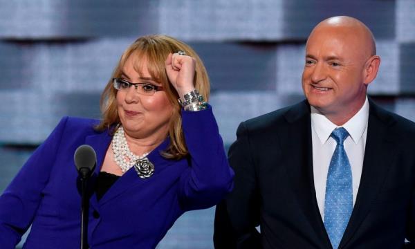 Former Arizona representative Gabby Giffords and former astro<em></em>naut Mark Kelly address the third evening session on Day 3 of the Democratic Natio<em></em>nal Co<em></em>nvention at the Wells Fargo Center in Philadelphia, Pennsylvania