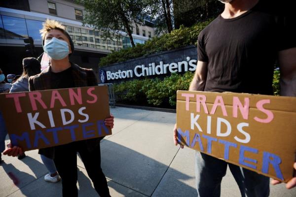 Counter-protestors in 2022 show up in support of gender-transition procedures for children which are performed at Boston Children's Hospital.