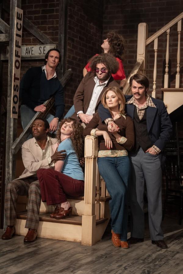 (L to R) Garret Morris (Lamorne Morris), Chevy Chase (Cory Michael Smith), Laraine Newman (Emily Fairn), Jim Belushi (Matt Wood), Gilda Radner (Ella Hunt), Jane Curtain (Kim Matula) and Dan Aykroyd (Dylan O'Brien) in SATURDAY NIGHT.