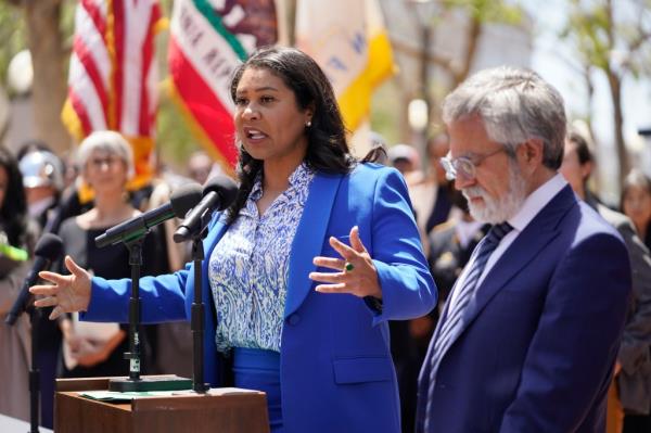 San Francisco Mayor Lo<em></em>ndon Breed speaks during a rare outdoor meeting of the Board of Supervisors at UN Plaza in San Francisco, on May 23, 2023. Mayor Breed alleged homeless advocates are purposely telling people not to accept shelter from the city.