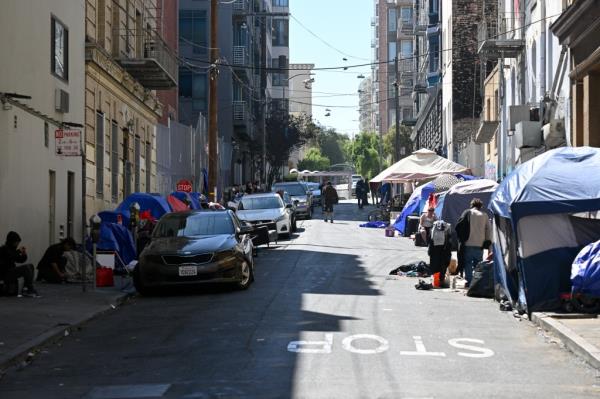 SAN FRANCISCO, CA - AUGUST 28: Homeless encampment and homeless people are seen in Tenderloin District of San Francisco, California, United States on August 28, 2023. (Photo by Tayfun Coskun/Anadolu Agency via Getty Images)