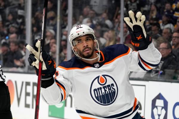 Edmo<em></em>nton Oilers' Evander Kane celebrates after scoring an empty net goal during the third period a first round playoff game against the Los Angeles Kings on May 12, 2022.