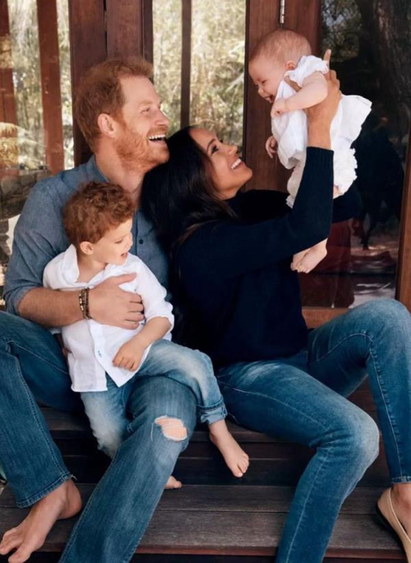 Prince Harry and Meghan, Duke and Duchess of Sussex, with their children, Lilibet and Archie, in a family portrait