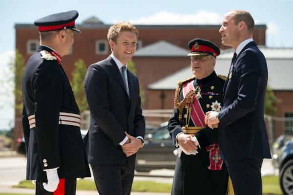 Prince William being greeted by General Timothy Granville-Chapman, Hugh Grosvenor, the Duke of Westminster, and John Peace at the Defence and Natio<em></em>nal Rehabilitation Centre handover ceremony