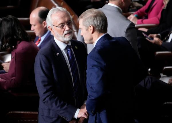 US Rep. Jim Jordan (R-OH) talks to Rep. Dan Newhouse (R-WA) during the House's recent election for Speaker of the House on Oct. 20, 2023. 