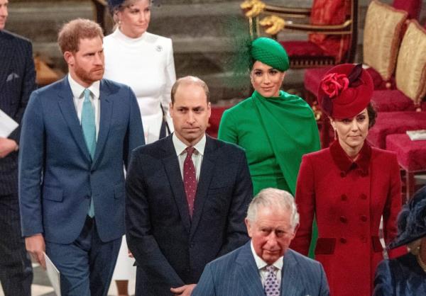 Prince Harry and Meghan, followed by Prince William and Catherine, exiting Westminster Abbey after attending the annual Commo<em></em>nwealth Service.