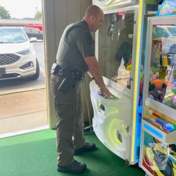 games commission warden looking at groundhog in claw machine