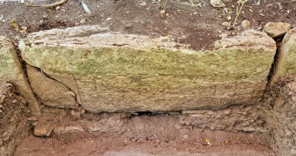 A view shows a part of an engraved stone after archaeologists from Mexico's Natio<em></em>nal Institute of Anthropology and History.