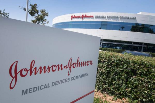 Johnson & Johnson logo on an entry sign at their campus in Irvine, California, taken on August 28, 2019