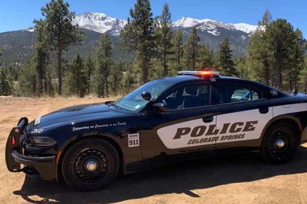 A police car parked on a dirt road with trees and mountains in the background